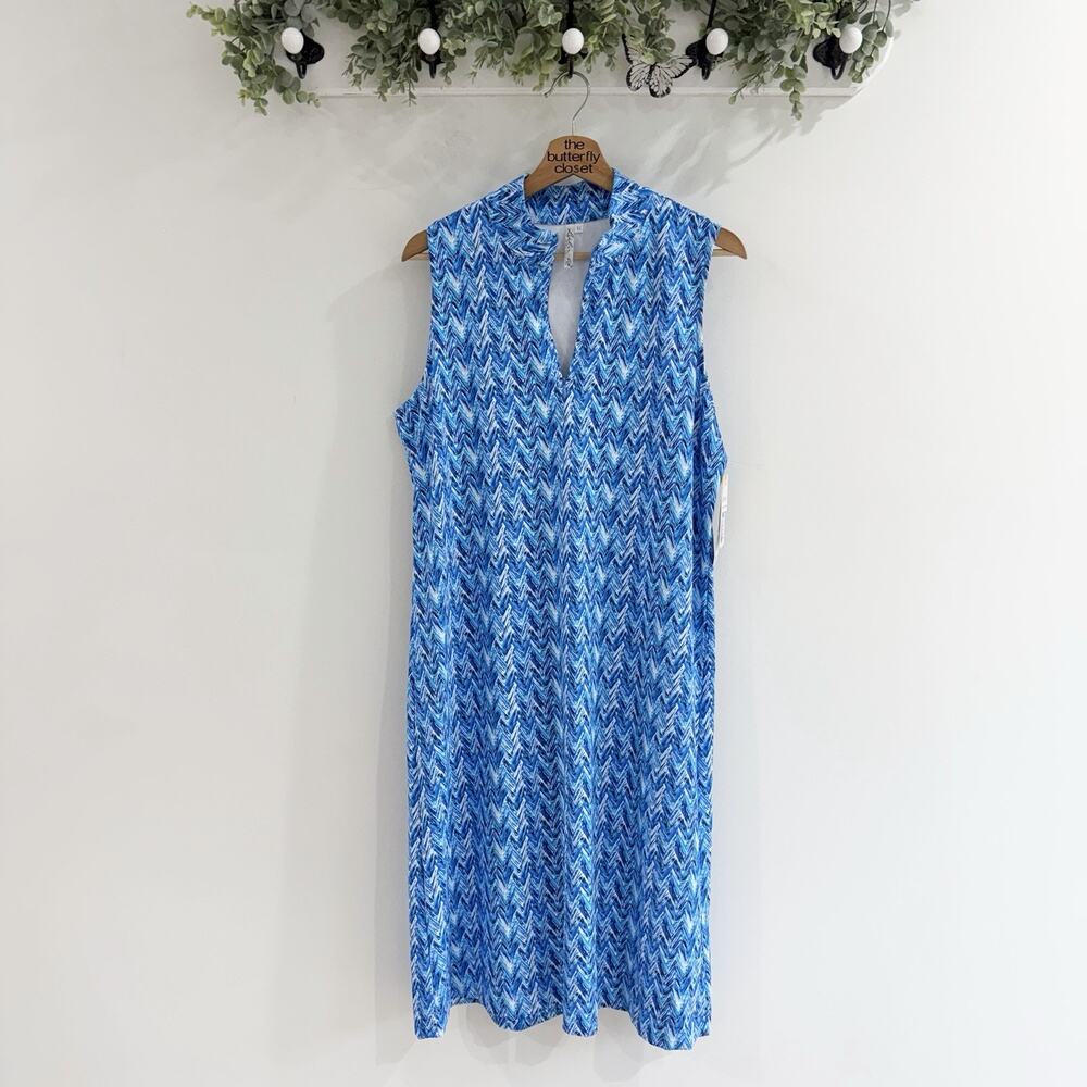 Lulu-b 1/4 Zip Blue Chevron Sleeveless Maxi Dress UPF 50+ beach XL picklenball